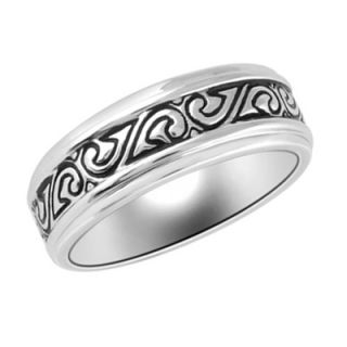 Mens Tribal Design Wedding Band in Sterling Silver with Black
