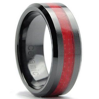8MM Flat Top Men's Black Ceramic Ring Wedding Band With Red Carbon Fiber Inaly Sizes 5 to 15 Jewelry
