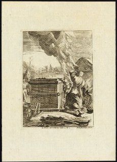 Antique Religious Print LEVITICUS BURNT OFFERING BIBLE Bouttats Spanoghe 1784   Etchings Prints