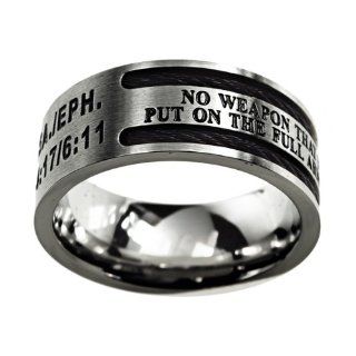 Christian Mens Stainless Steel 10mm Abstinence Black Cable "No Weapon That is Formed Against You Will Prosper. Put on the Full Armor of God, to Stand Firm Against the Schemes of the Devil" Isaiah 5417 / Ephesians 611 Cable Black Enamel Comfort 