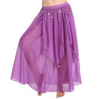 BellyLady Belly Dance Chiffon Full Circular Skirt With Gold Coins, Purple Clothing