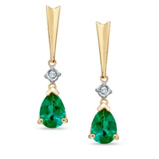 Pear Shaped Lab Created Emerald and Diamond Stick Earrings in 14K Gold