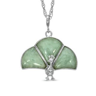 Green Jade and Diamond Accent Peacock Pendant in Sterling Silver