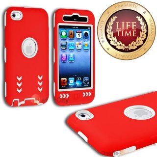 myLife (TM) Red + White Armored Survivor (Built In Screen Protector) "Arrow Grip Series" Shockproof Case for iPod 4/4S (4G) 4th Generation iTouch (Full Body Armor Outfit + Soft Silicone External Shock Proof Gel + 2 Piece Internal Snap On Shield +