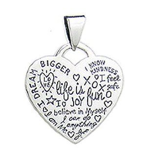 Sterling Silver Message Heart Pendant with "Love, I Dream Bigger, Life Is Fun, I Love Joy, Believe In Myself, I Can Do Anything, I Am Me, I Know, Kindness, I Feel Safe, xoxo" Jewelry