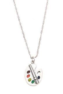 Silver Enamel Artist Paint Palette and Brush with Thin Singapore Necklace (16 Inches) Jewelry