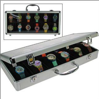 SAFE ALUMINIUM ALU Collector 's WATCHES BOX Brillant " XXL "   IN NOBLE BLACK VELOUR   WITH 12 BOXES inside & 12 x ADJUSTABLE SOFT PILLOWS WATCHESHOLDERS   TRANSPARENT CLEAR WINDOW   LOCKABLE   FOR ALL KIND OF WATCHES   ALSO FOR THE NEW L