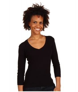 Three Dots Essentials 1x1 Light Deep V Womens Long Sleeve Pullover (Black)
