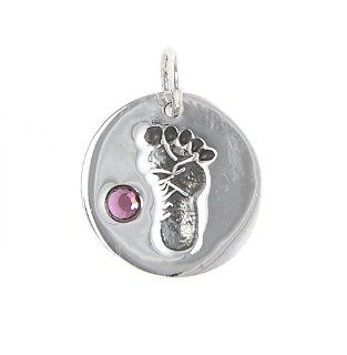 Sterling Silver Baby Footprint Disc with February Birthstone Charm Jewelry