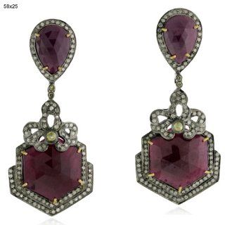 2.73ct Diamond Pave Ruby Dangle 18kt Gold Earrings Silver Antique Style Jewelry Jewelry
