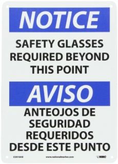 NMC ESN18AB Bilingual OSHA Sign, Legend "NOTICE   SAFETY GLASSES REQUIRED BEYOND THIS POINT", 14" Length x 10" Height, 0.040 Aluminum, Black/Blue on White Industrial Warning Signs