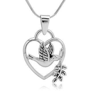 925 Sterling Silver Cut Out Peace Dove Bird in Heart Shaped Pendant with Sterling Silver Necklace Chain 18'' Jewelry for Women   Nickel Free Jewelry