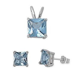 Sterling Silver Sets   Aquamarine Square (Comes with Gift Box) Jewelry