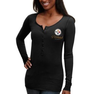 47 Brand Pittsburgh Steelers Ladies Nashoba Henley Long Sleeve T Shirt  Black