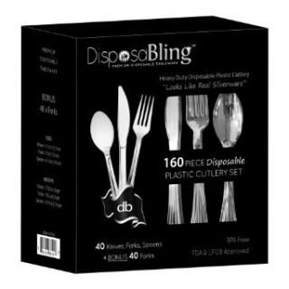 DisposaBling Plastic Silver Cutlery Set   160 Piece Party Flatware Kit Includes Knives, Forks, Spoons   Plus BONUS FORKS   Heavy Duty   Perfect for Weddings, Parties, Functions and during the Festive Season   Looks like Real Silverware Kitchen & Dini