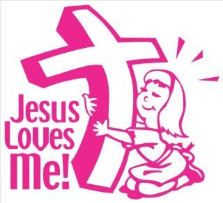 Jesus Loves Me, Little Girl Hugging Cross (3.3 inches in HOT PINK), Decal for Car, Laptop, Tabletop, Window, EtcVinyl Decal WITH  