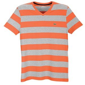 Lacoste V Neck Stripe S/S T Shirt   Mens   Casual   Clothing   Tangelo Orange/Grey Chine/Navy