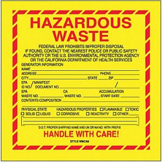 Tape Logic Hazardous Waste   California Shipping Label, 6 x 6, 500/Roll