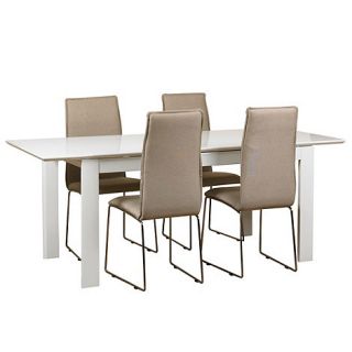 White Alpine extending table and set of 4 natural beige upholstered chairs