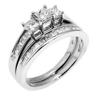 14k White Gold 1.10 Carats Princess & Baguette 3 Stone Diamond Ring Bridal Set TheJewelryMaster Jewelry