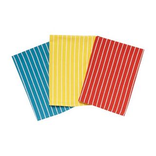 Set of three red yellow and turquoise striped tea towels
