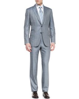 Mens Plaid Two Piece Suit, Gray/Blue   Brioni   Gray (48R)