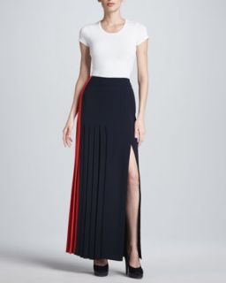Womens Colorblock Pleated Crepe Skirt, Poppy/Navy   J. Mendel   Poppy / navy