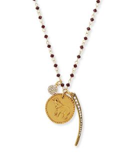 Elephant, Spike & Disc Talisman Necklace with Dark Red Beads   Sequin   Gold