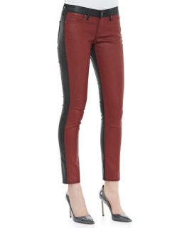 Womens Split Denim/Coated Skinny Jeans, Red/Black   Rich and Skinny  