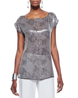 Clear Sequined Short Sleeve Top, Womens   Eileen Fisher   Rye (3X (22/24))