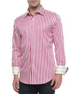 Mens Balik Striped Shirt, White/Fuchsia   Robert Graham   Fuchsia (LARGE)