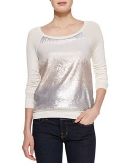 Womens Sequin Raglan Sleeve Sweatshirt   Three Dots   Silver/Cr?me frai