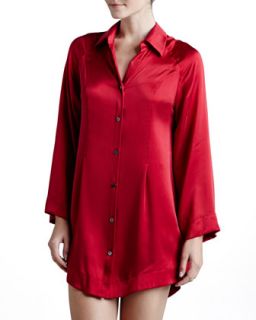 Womens Glamour Silk Button Front Sleepshirt, Cardinal   Donna Karan   Cardinal