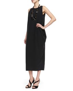 Womens Silk Georgette Long Dress   Eileen Fisher   Black (XXS (0))