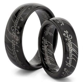 His & Hers 8MM/6MM Tungsten Black Lord LOTR Style Engraved One Wedding Band Ring Set (Available in Sizes 4 14 Including Half Sizes) Jewelry