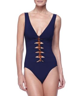 Womens V Neck One Piece Swimsuit   Karla Colletto   Navy (12)