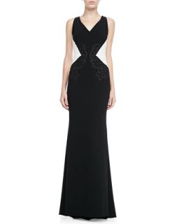 Womens Embroidered Colorblock Evening Gown, Black/White   Escada   Black (36)