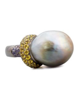 Gray Pearl Ring with Yellow Diamond and PINK Sapphire   Eli Jewels   Yellow (6.