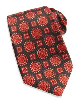 Mens Textured Medallion Print Tie, Brown/Red   Kiton   Brown/Red