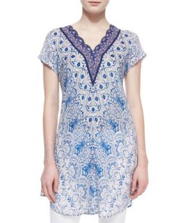 Georgette V Neck Tunic, Womens   Johnny Was Collection   Multi print blue (1X