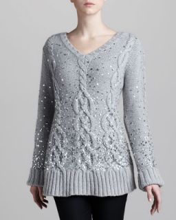 Womens Hand Knit Sequined Cable Sweater   Donna Karan   Mist (SMALL)