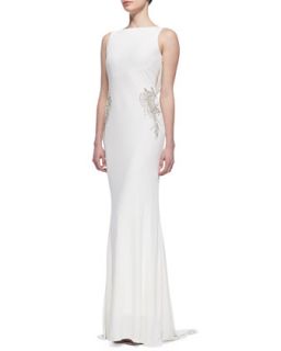 Womens Sleeveless V Back Draped Gown, Oyster   Badgley Mischka Collection  