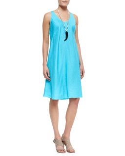 Womens Organic Linen Knee Length Bias Dress   Eileen Fisher   Deep aqua (XL