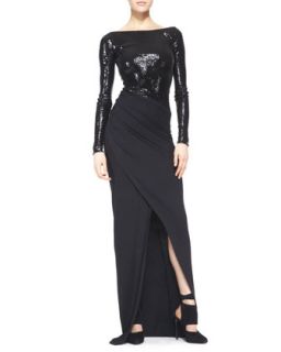 Womens Floor Length Long Sleeve Gown with Sequins, Black   Donna Karan   Black