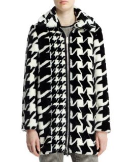 Womens Houndstooth Print Faux Fur Coat, Black/White   Stella McCartney   Black