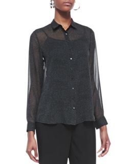 Womens Thumbprint Long Sleeve Silk Shirt   Eileen Fisher   Graphite (XXS (0))