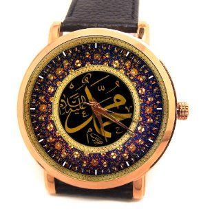 Arabic Calligraphy "Muhammad Peace Be Upon Him (SAWW)" Fantastic Large Format Gents 24k Gold Polish Wrist Watch Watches