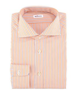 Mens Multi Striped Poplin Dress Shirt, Blue/White/Orange   Kiton   White (17)