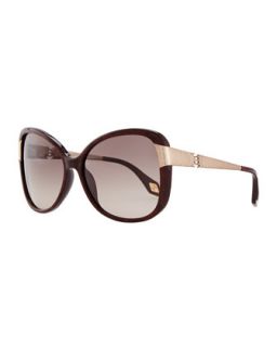 Glittered Plastic Sunglasses with Hammered Metal Arm, Brown   Carolina Herrera  