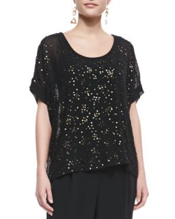 Womens Sequined Chiffon Boxy Top, Black   Eileen Fisher   Black (L (14/16))